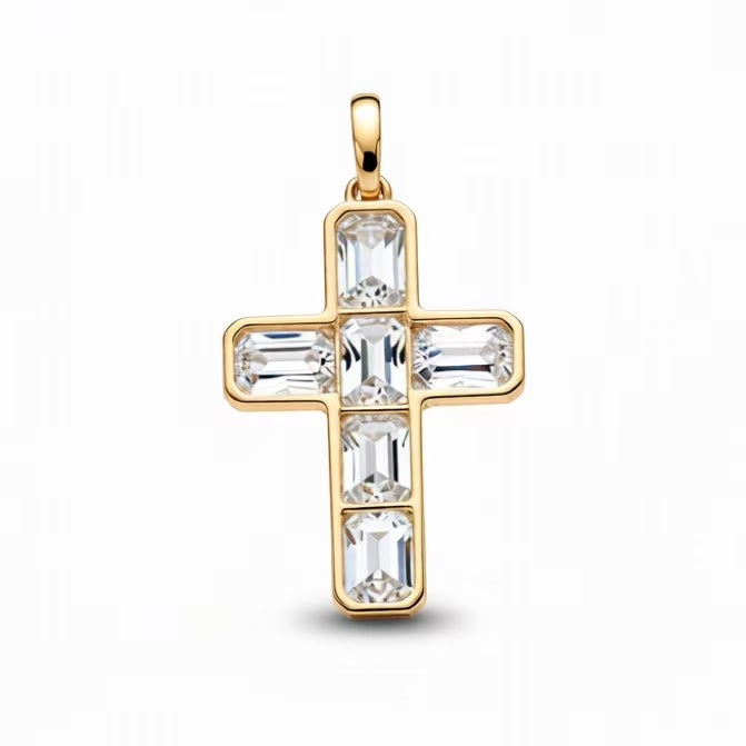 Emerald Cut Lab-Grown Diamond Cross Pendant in 18K Gold