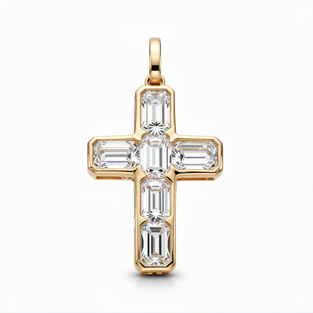 Emerald Cut Lab-Grown Diamond Cross Pendant in 18K Gold